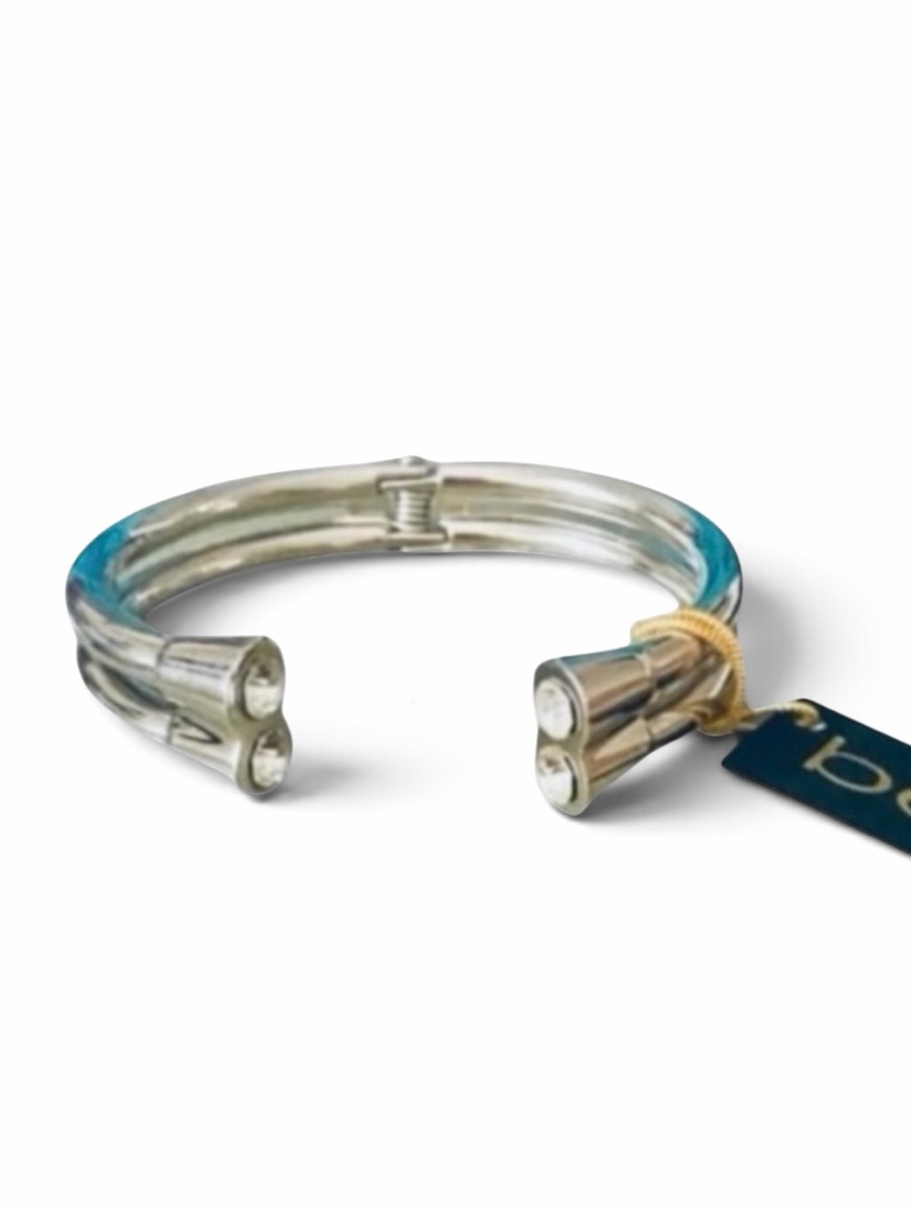 BeBe Silver and Crystal Stacked Tube Open Cuff Bracelet